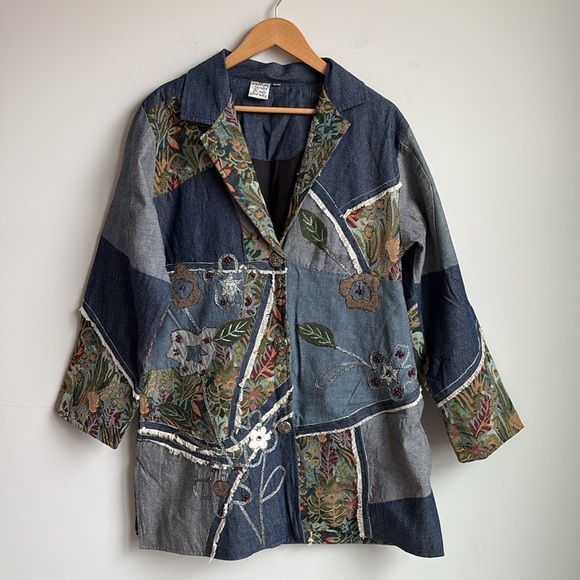 Parsley & Sage Patchwork Denim Jacket – Embroidered Floral Art to Wear XL - Picture 1 of 10